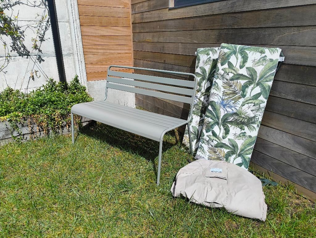 Hippe stalen tuinbank incl. kussens en hoes, Tuin en Terras, Tuinbanken, Ophalen, Zo goed als nieuw, Metaal