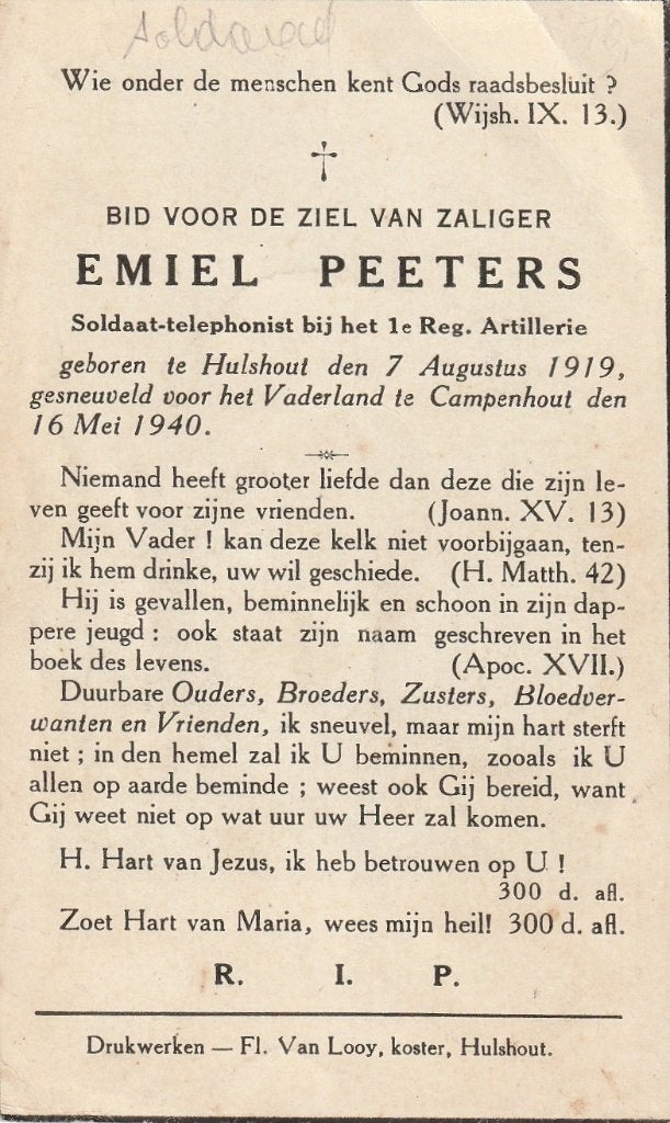 Gesneuvelde 1940-45 Emiel Peeters 16.05.1940, Verzamelen, Bidprentjes en Rouwkaarten, Verzenden