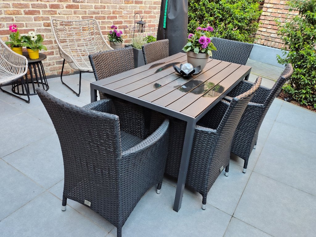 Tuintafel en zes rotan stoelen, Tuin en Terras, Ophalen, Gebruikt, Rotan