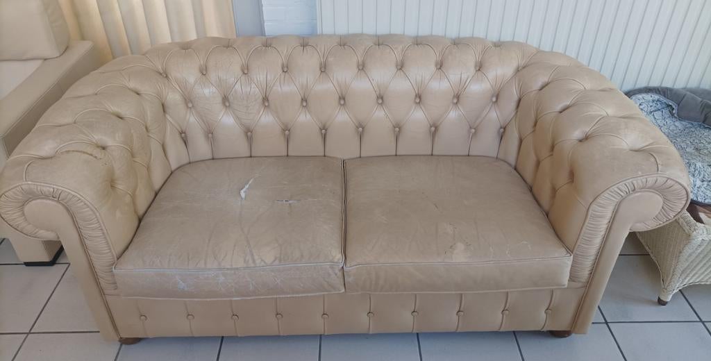 Beige lederen zetel tweezit, Huis en Inrichting, Ophalen