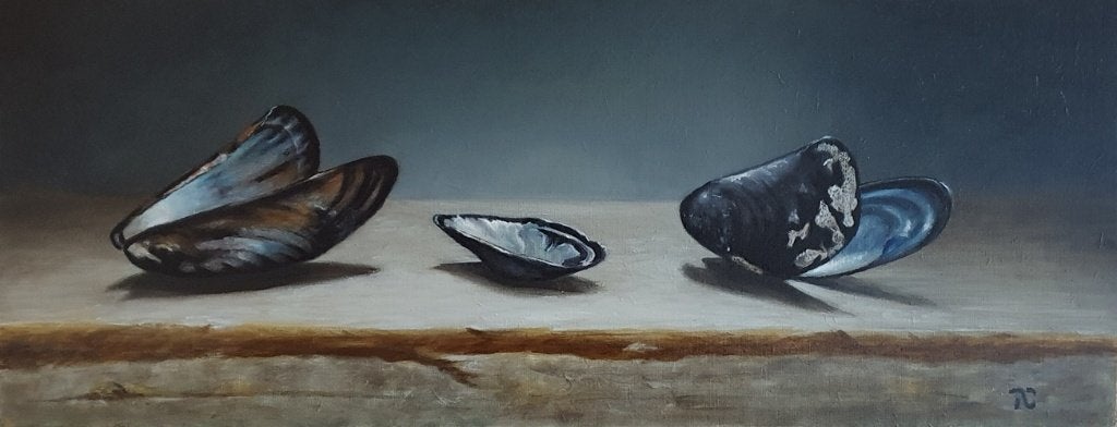 Kunsthandel Gennep - "Mosselschelpen", Antiquités & Art, Enlèvement ou Envoi, Bois, Signé, Peinture à l'huile