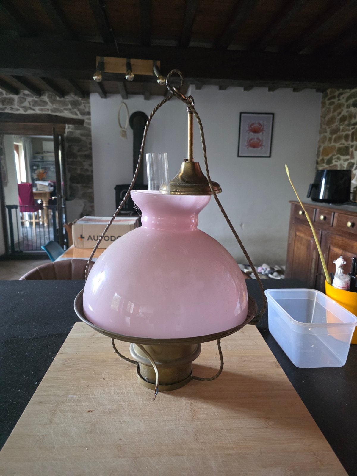Suspension vintage style lampe à pétrole en opaline rose (Él, Ophalen, Glas