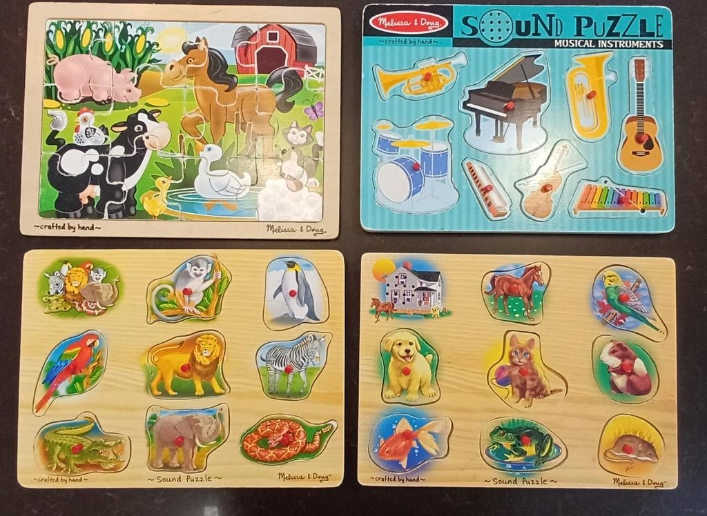 4 houten puzzels (3 met geluid), Kinderen en Baby's, Speelgoed | Kinderpuzzels, Ophalen, Van hout