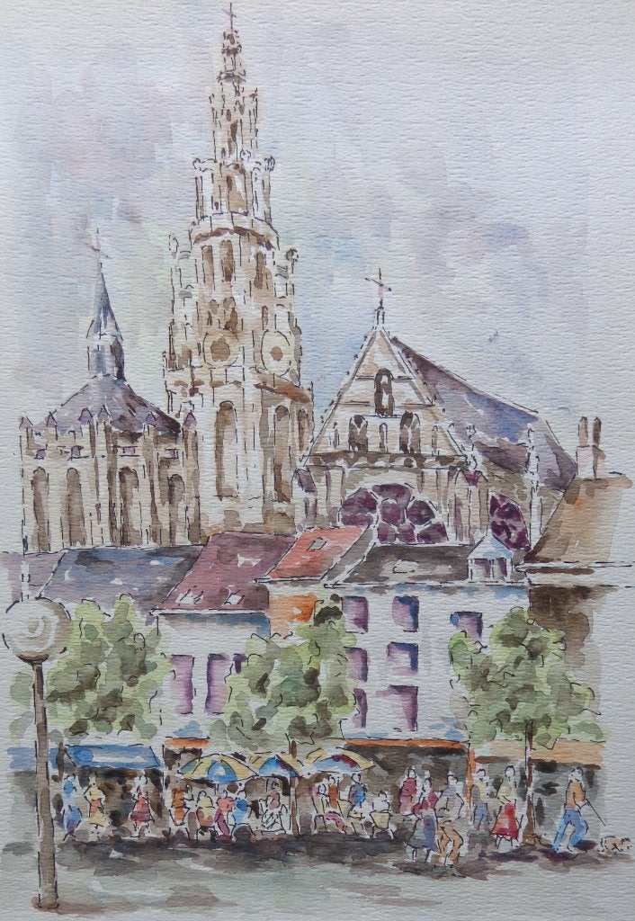 ONBEKEND / ANTWERPEN GROENPLAATS / ORIGINEEL WERK / 36x27cm, Antiquités & Art, Enlèvement ou Envoi, Aquarelle, Paysage urbain / rural