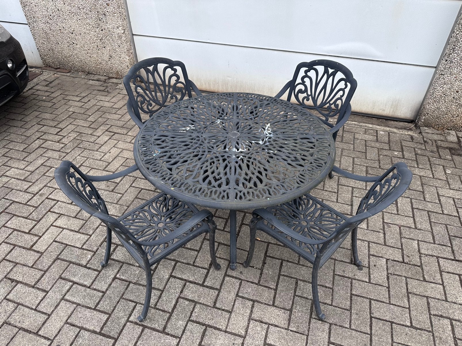 Grande table de jardin + 4 chaises en fonte d’aluminium, Enlèvement, Utilisé, Aluminium