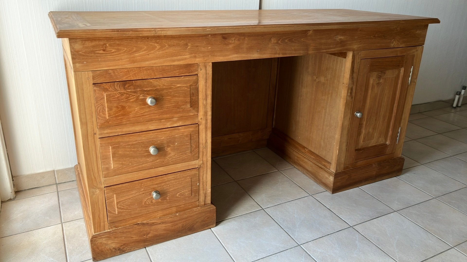 Grenen Bureau met 3 lades en kast met 2 leggers, Ophalen, Gebruikt, 150 cm, Hout