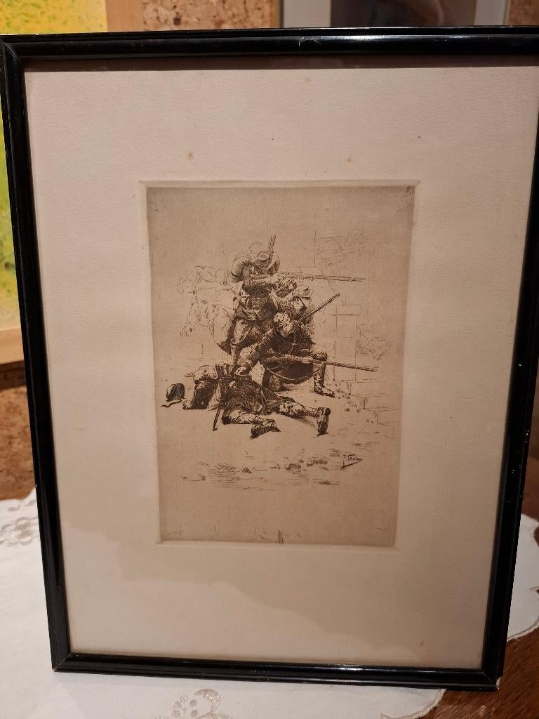 Ets Grolleron Paul 1848-1901 oorlogstafereel 13x19kader26x37, Ingelijst, 1800 - 1899, Ets, Militair