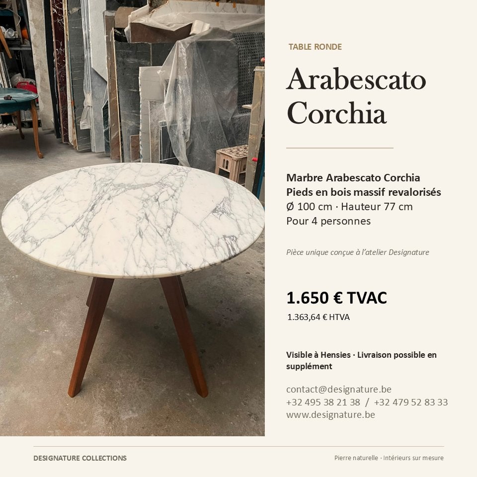 Table ronde en marbre Arabescato Corchia - pieds bois massif, Enlèvement