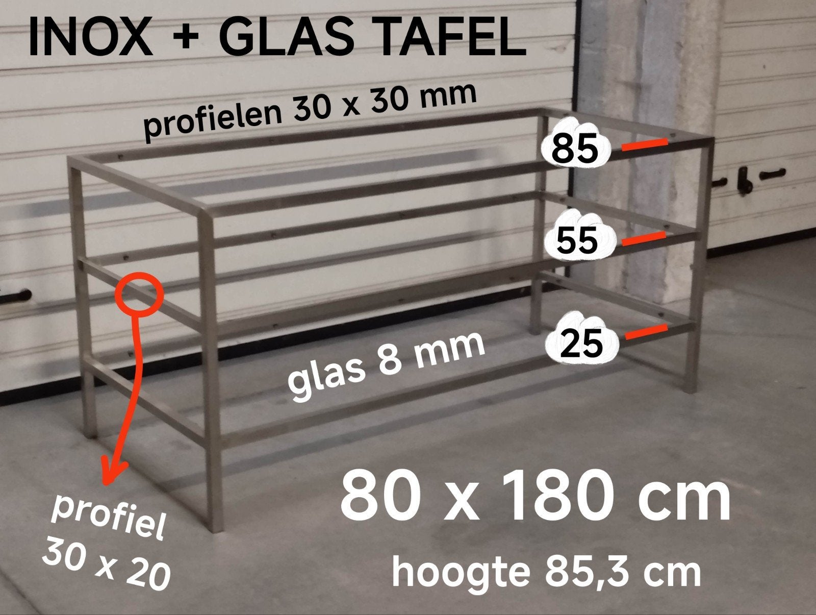 Tafel inox en glas 180 x 80, Huis en Inrichting, Ophalen, Glas