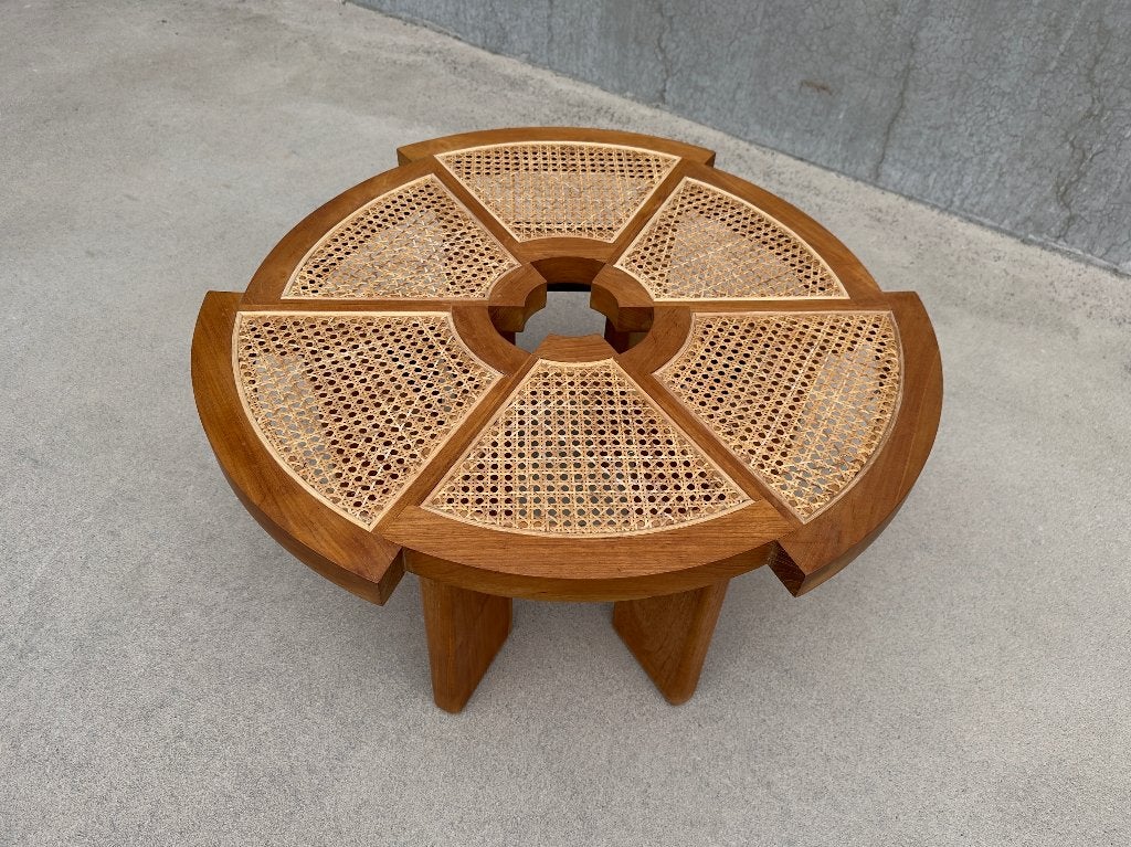 Mid-Century salontafel | hout & gevlochten riet | jaren ’60, Rond, Minder dan 50 cm, Wegner Mogensen Albini Hansen Fredericia Bonacina Spectrum