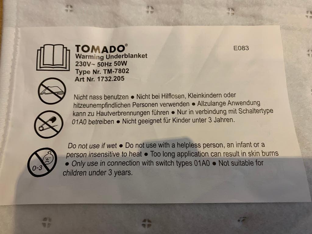 Tomado elektric warming underblanket, Ophalen, Gebruikt, Eenpersoons, Wit
