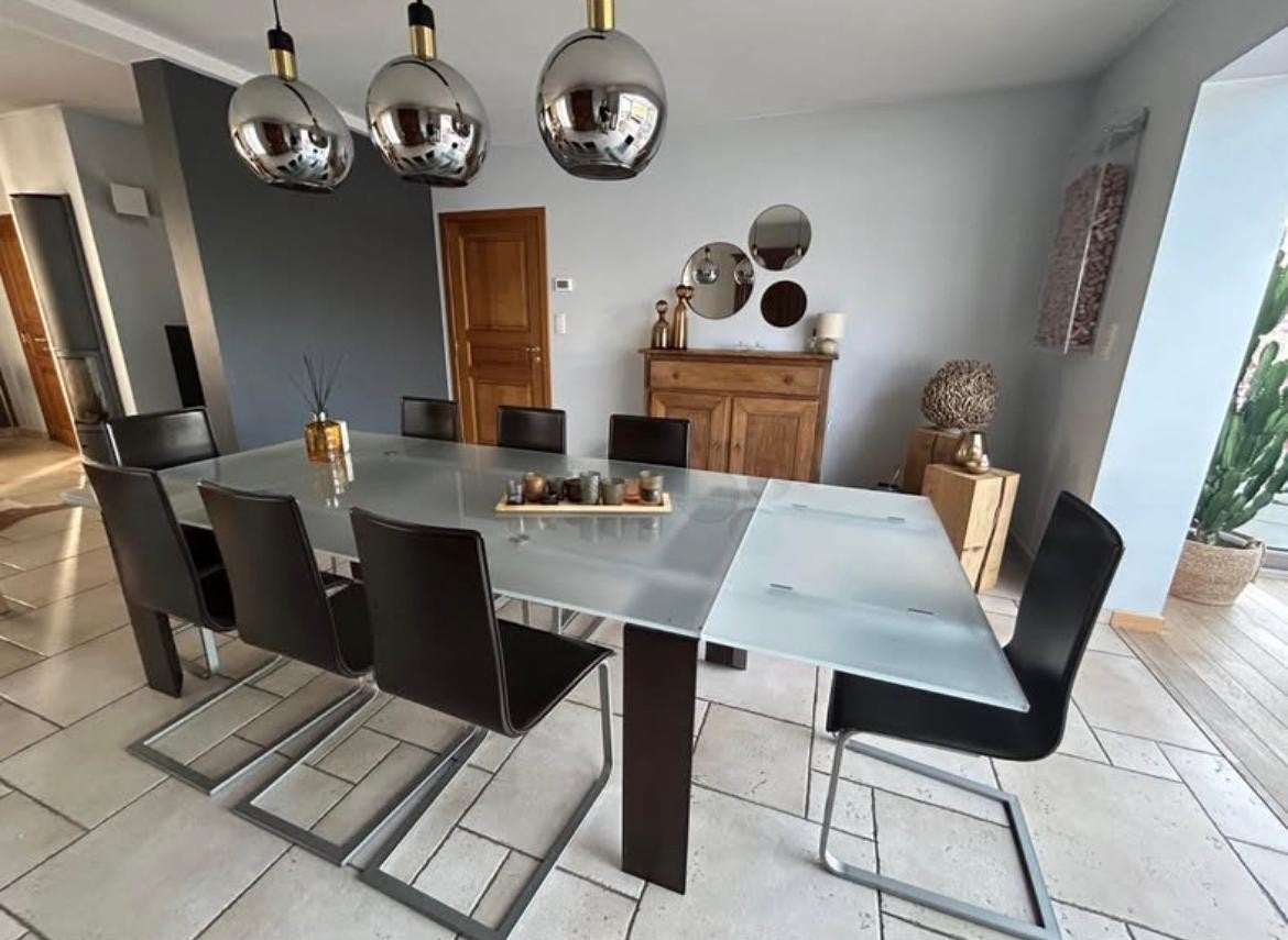 Table en verre détrempé calligaris avec 8 chaises en cuir, Enlèvement, Verre