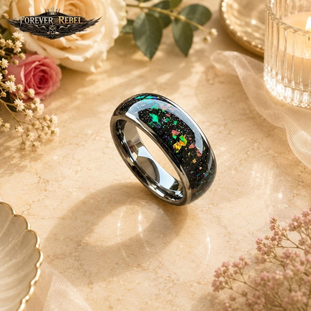 Trouwring Wolfraam Caelum Darkfire Zilver/Opaal Divers Maten, Handtassen en Accessoires, Ringen, Overige materialen, Overige kleuren