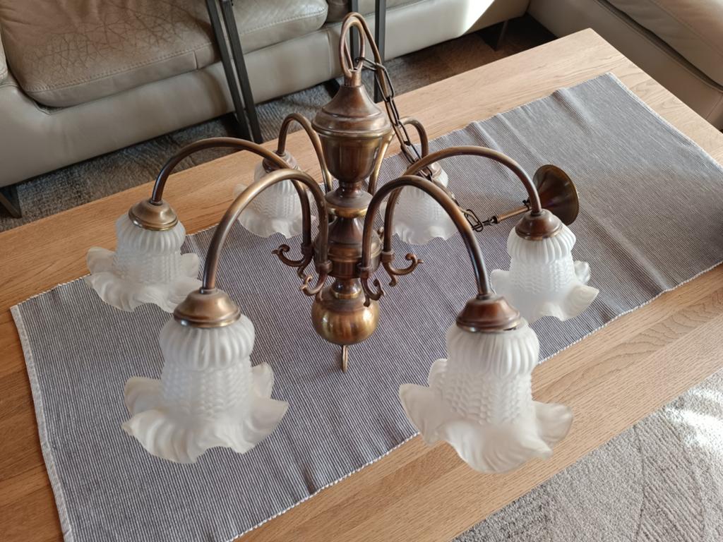 Lustre 6 branches, cuivre et verre, Maison & Meubles, Enlèvement, Comme neuf, Verre