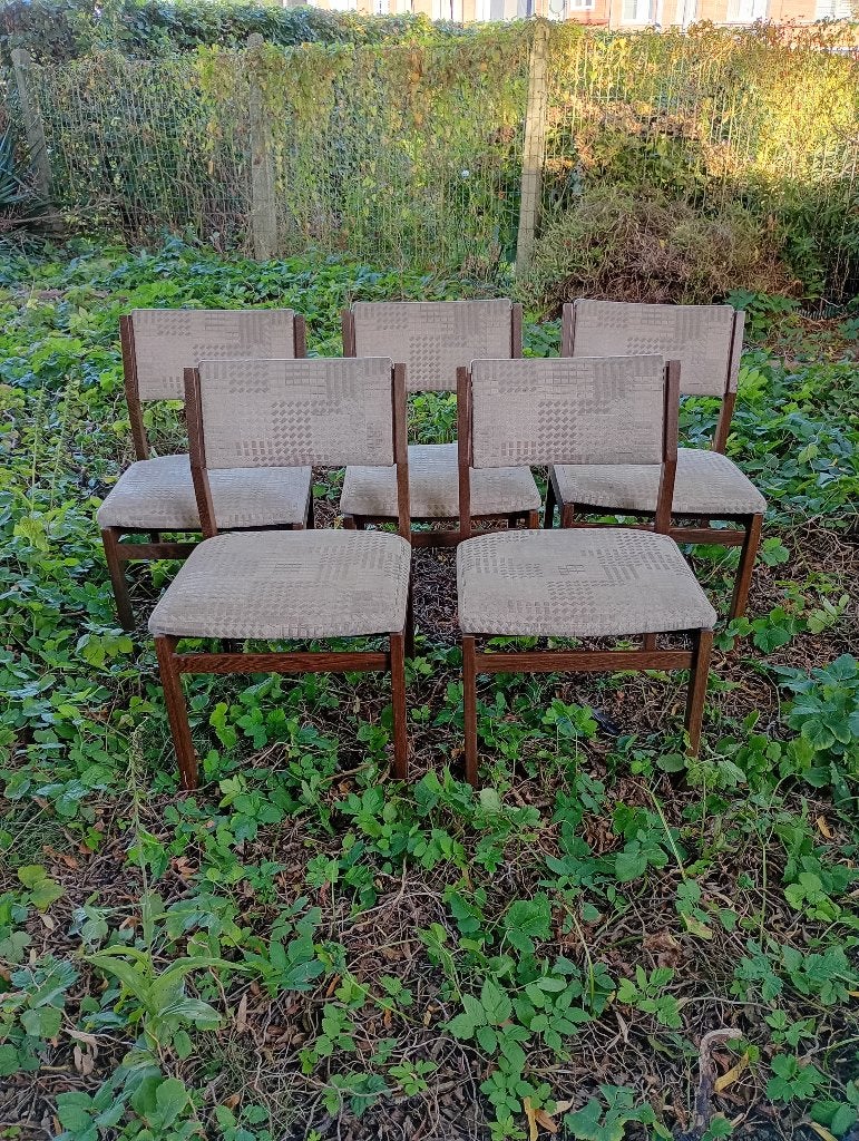 Set van 5 mid century Scandinavisch design stoelen met tafel, Huis en Inrichting, Ophalen, Hout, Gebruikt, Bruin