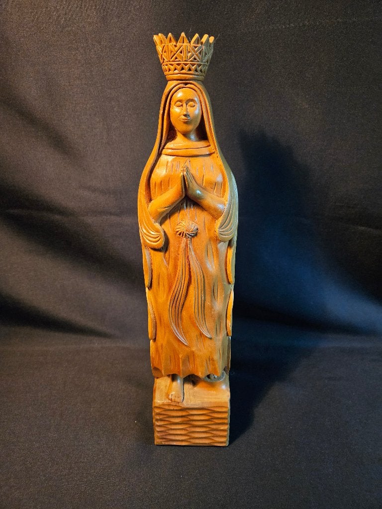 Statue de Vierge en bois sculptée avec couronne - 37cm, Antiquités & Art, Enlèvement