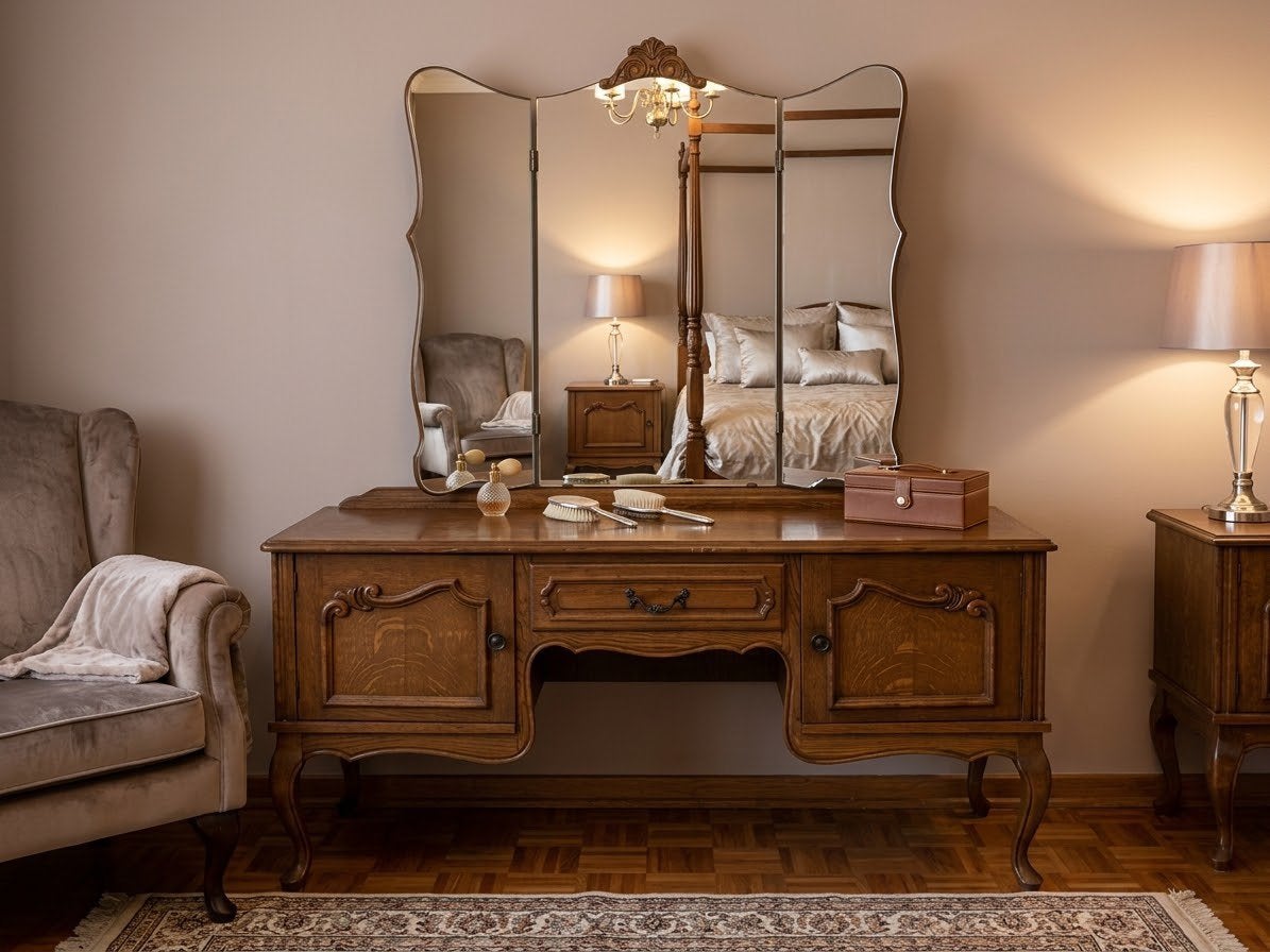 Klassieke Houten Kaptafel met Driedelige Spiegel, Huis en Inrichting, Ophalen, Gebruikt, Hout, Minder dan 50 cm