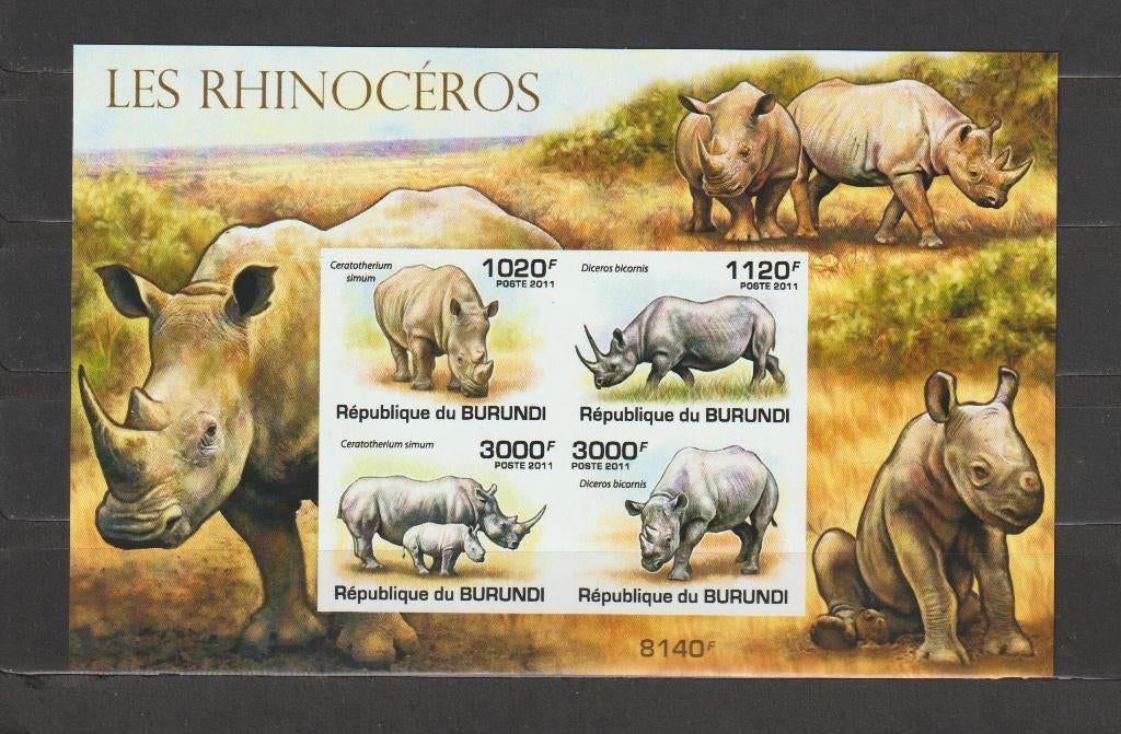 Burundi 2011 Blok Neushoorns ongetand **, Ophalen of Verzenden, Postfris, Dier of Natuur