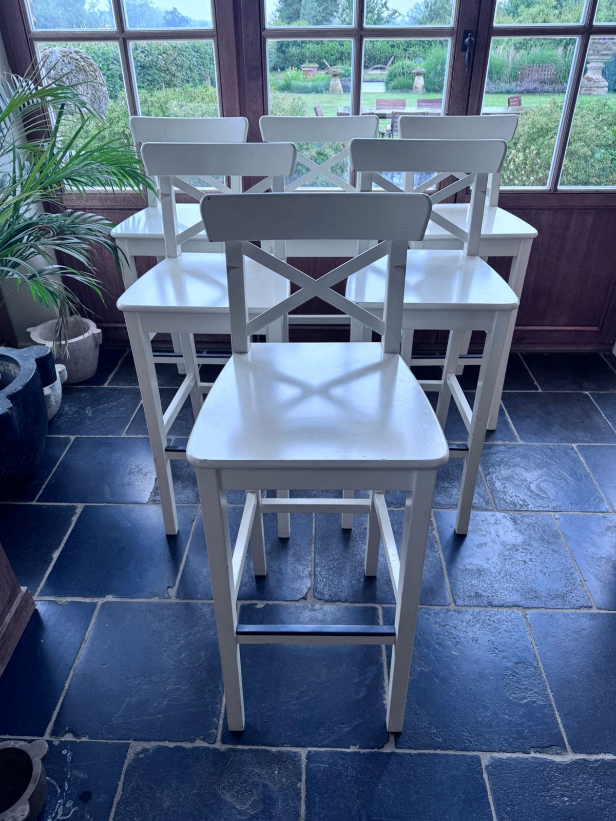 Lot van 6 hoge bar stoelen, Avec repose-pieds, Enlèvement, Utilisé, Bois