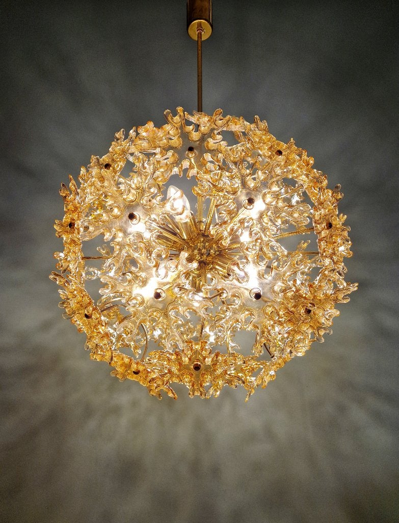 Grote Sputnik-kroonluchter in amberkleurig Murano-glas, 1960, Antiek en Kunst, Ophalen