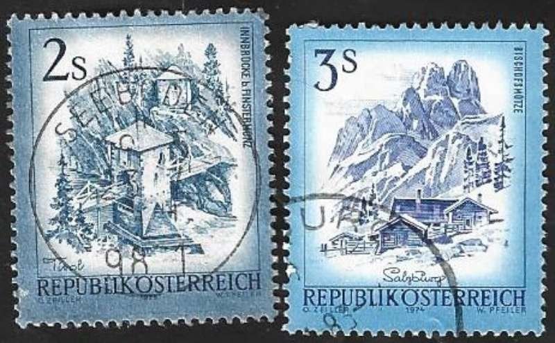 2 Postzegels Oostenrijk 1974 Landschappen, Timbres & Monnaies, Timbres | Europe | Autriche, Affranchi, Enlèvement ou Envoi