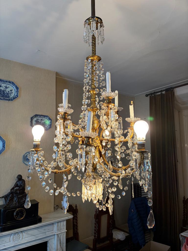Grote Antieke Kroonluchter met Kristallen en Messing, Antiek en Kunst, Antiek | Verlichting, Ophalen
