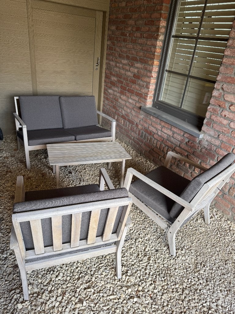 Tuinset 4 personen + bijhorende kussens - Leenbakker, Tuin en Terras, Tuinsets en Loungesets, Gebruikt, Tuinset, Hout, 4 zitplaatsen