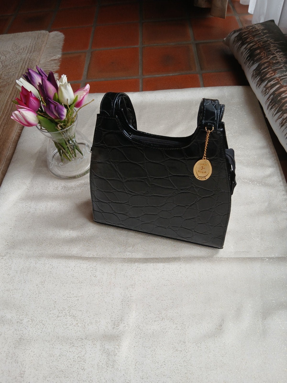 Vintage Mick Gwend Paris Schoudertas – Zwart Krokodillenmoti, Handtassen en Accessoires, Ophalen of Verzenden, Zwart