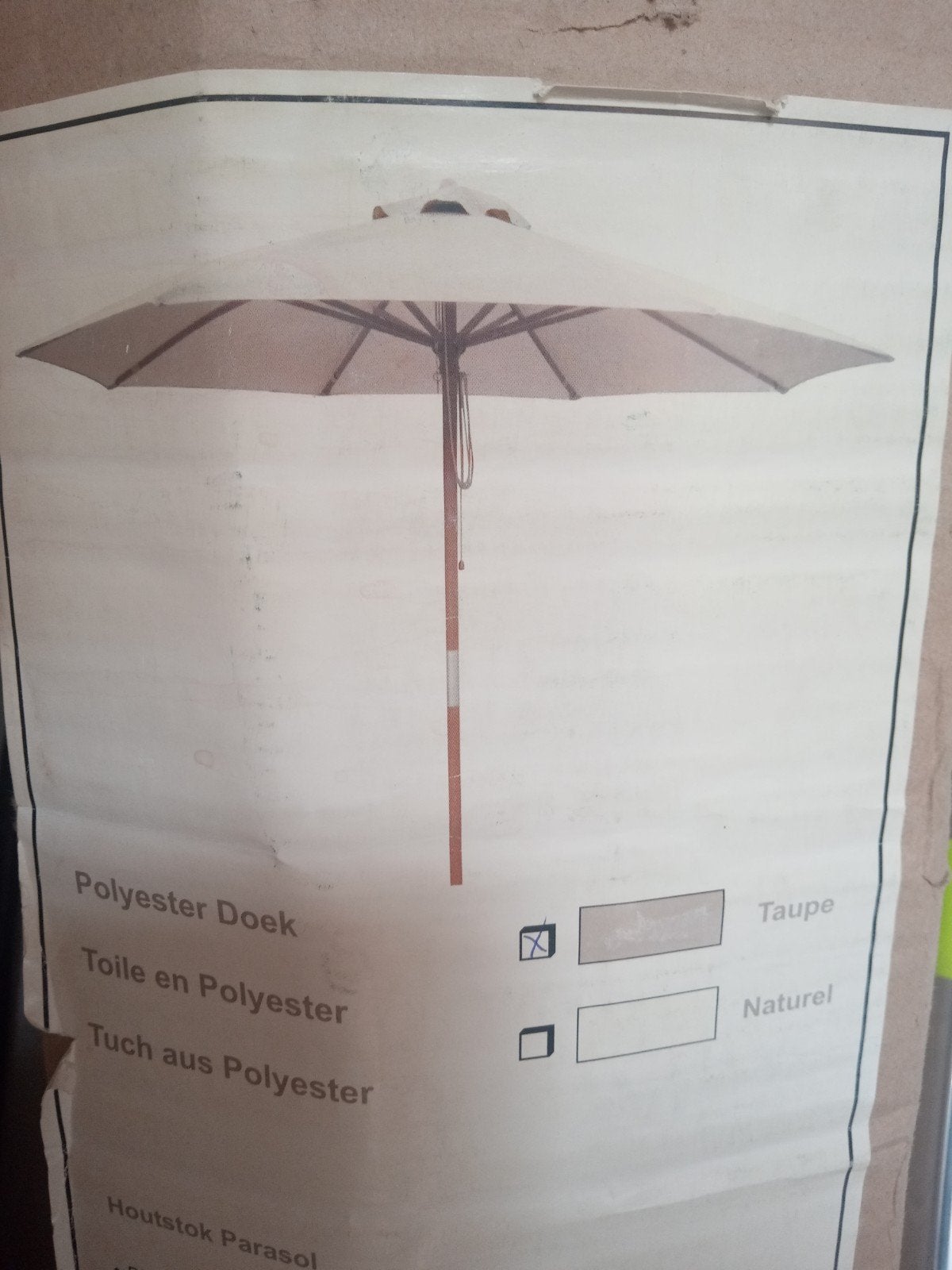 Nieuwe houten stokparasol in de kleur taupe, met een diamete, Tuin en Terras, Ophalen, Stokparasol