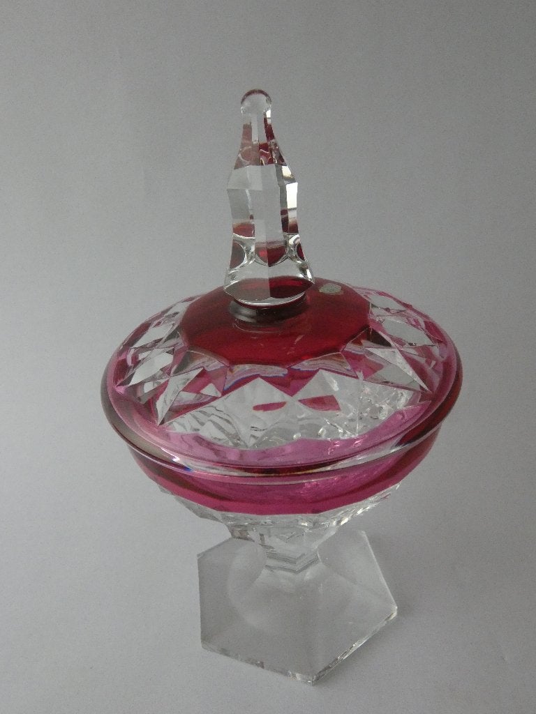 Robijnrode kristallen bonbonnière Val Saint Lambert, Ophalen, Overige materialen, 25 cm, Zo goed als nieuw