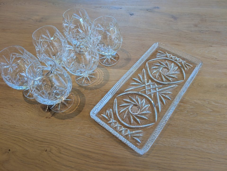 vintage Pools/Tsjechisch kristal - 6 glazen+dienblad, Ophalen of Verzenden, Zo goed als nieuw, Overige typen