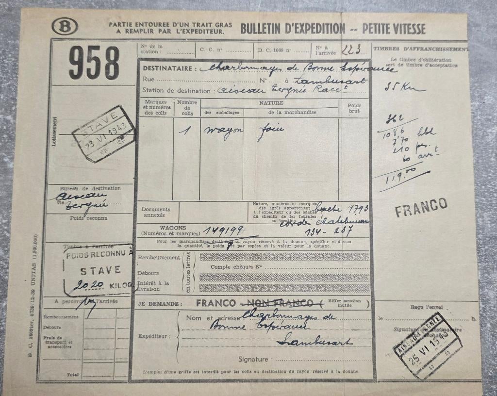SNCB+STAVE+Aiseau Tergnée+1943+Charbonnages, Ophalen, Gestempeld, Treinen, Overig