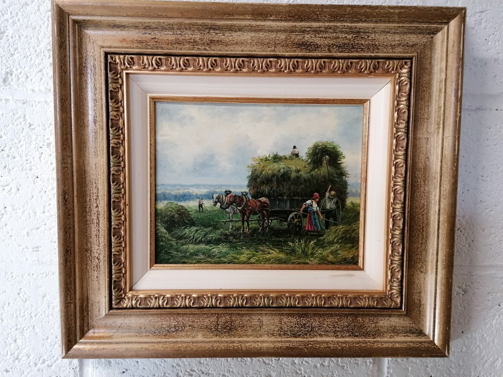 Huile sur panneau La fenaison, Enlèvement, Signé, Panneau