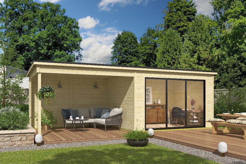 Cabane en rondins avec auvent Pernilla 385 x 295 + extensio, Envoi, Neuf