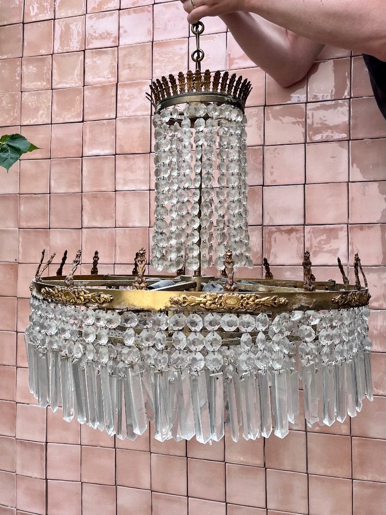 Mooie kristallen kroonluchter/luster met 6 lichtpunten, Huis en Inrichting, Lampen | Kroonluchters, Ophalen, Gebruikt, Klassiek