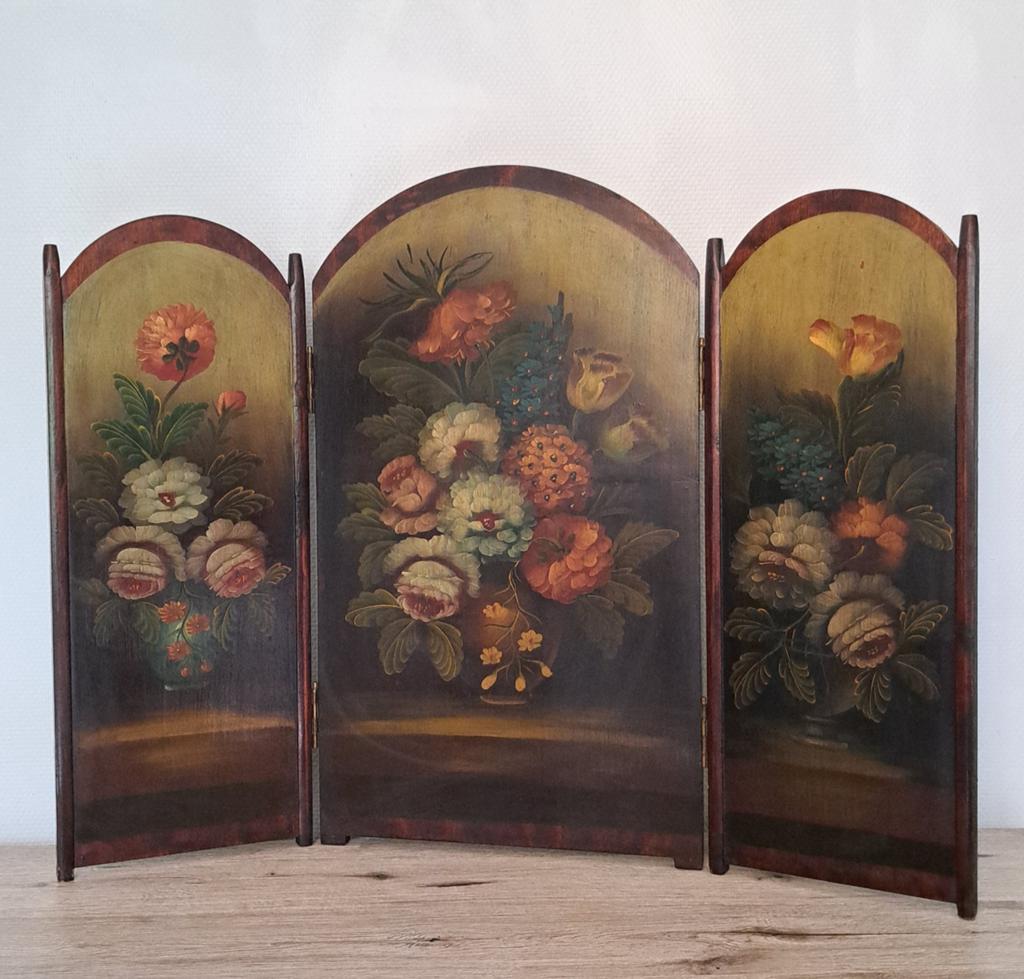 Paravent bois triptyque Art Nouveau fleurs peinture huile, Maison & Meubles, Enlèvement ou Envoi