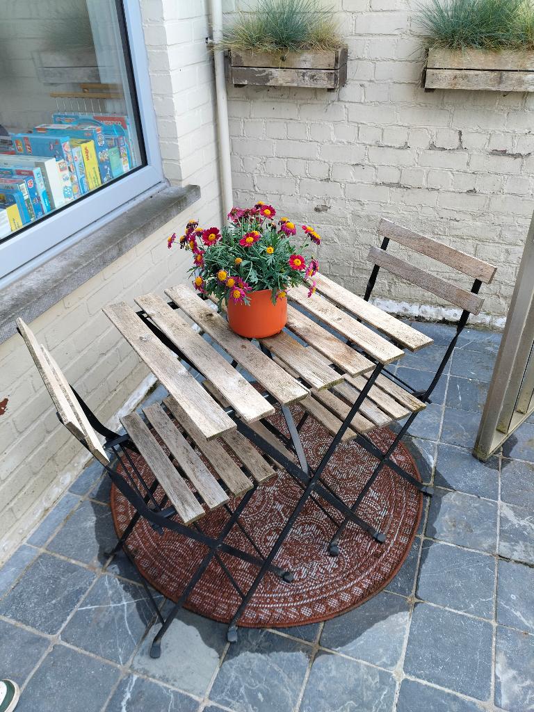 Tuinset / bistrosetje tafel + 2 stoeltjes, Tuin en Terras, Gebruikt, Tuinset, Hout, Ophalen
