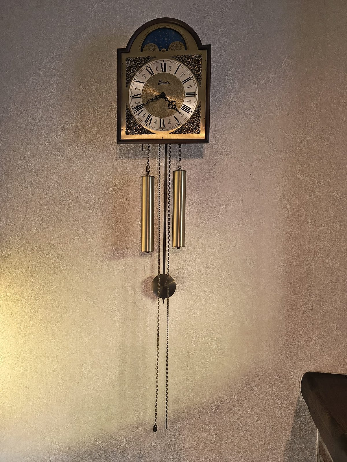 Klassieke Houten Hangklok Gewichten+Slinger+Maanstand, Antiek en Kunst, Ophalen