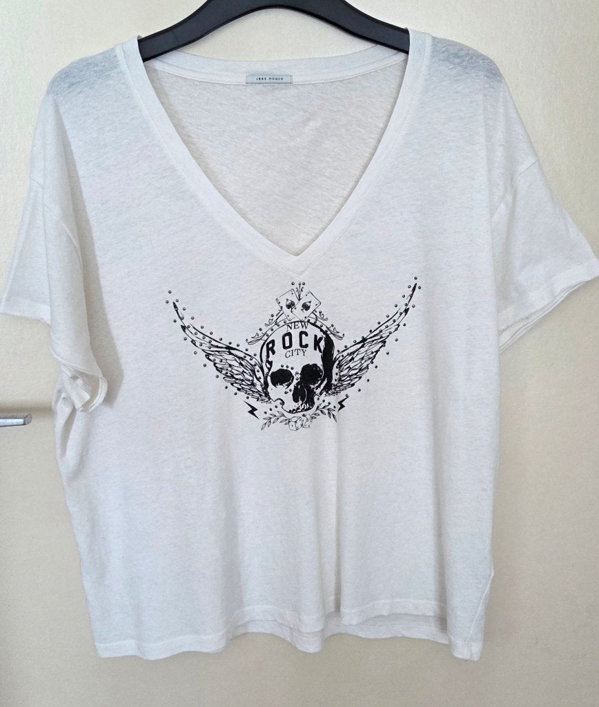 T-shirt blanc à motif rock pour femme IKKS, Taille 42/44 (L), Manches courtes, Enlèvement ou Envoi, Comme neuf