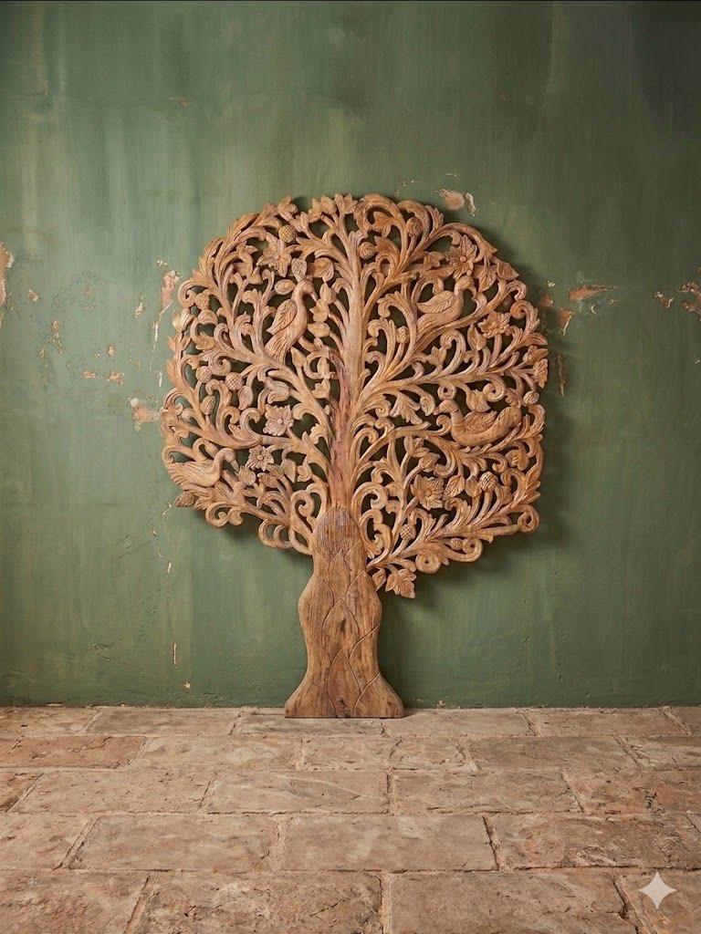 Houtsnijwerk Levensboom Mangohout Handgemaakt India, Ophalen, Wandsculptuur, Boho, Hout