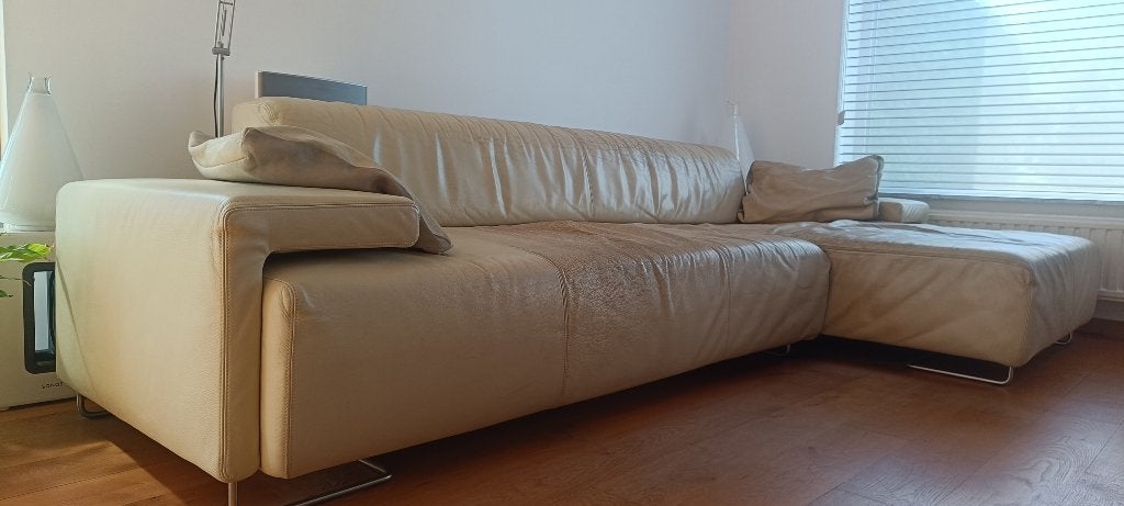Lederen sofa met longchair, Ophalen, 250 tot 300 cm, Gebruikt, 125 tot 150 cm