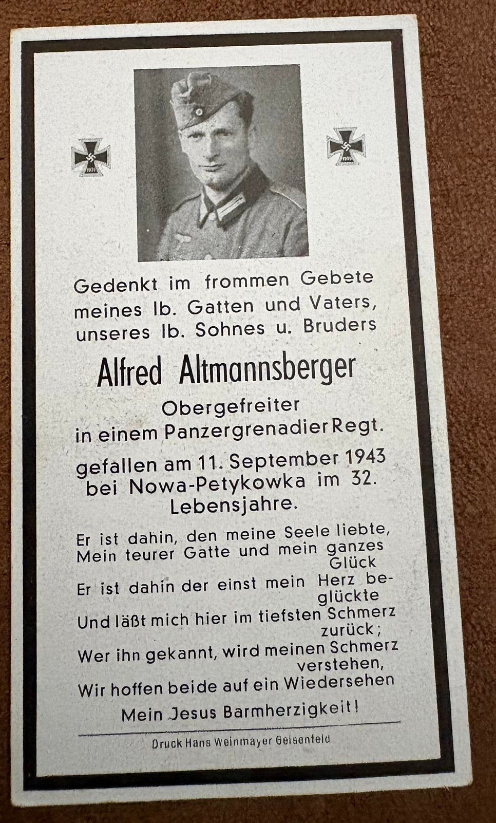 Duits militair bidprentje 1943, Verzamelen, Bidprentjes en Rouwkaarten, Ophalen of Verzenden, Bidprentje