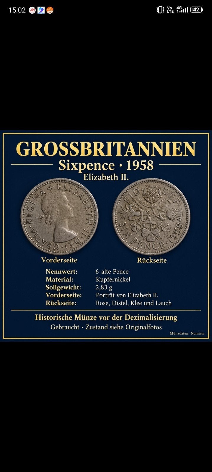pièce de 6 pence Elizabeth 1958, Timbres & Monnaies, Enlèvement ou Envoi