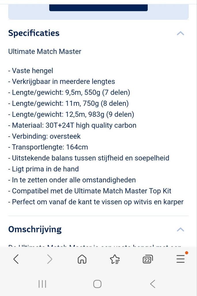 Vaste hengel Ultimate Match Master, Ophalen, Zo goed als nieuw, Vaste hengel