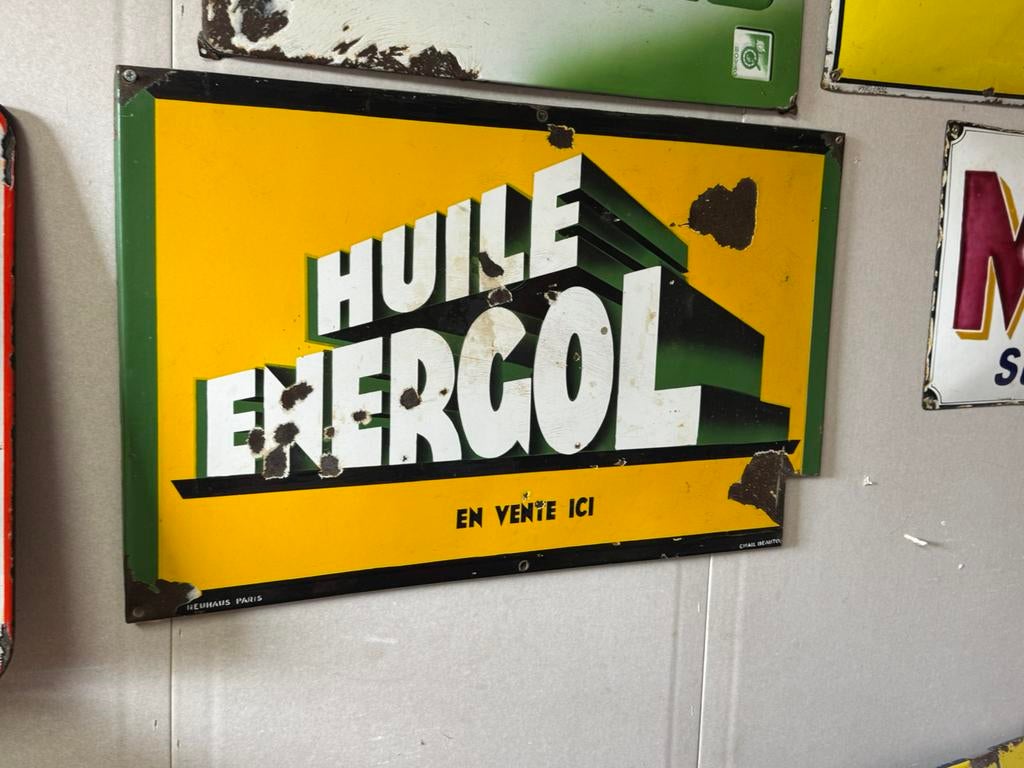 Huile Energol BP emaille reclamebord, Verzamelen, Ophalen, Gebruikt, Reclamebord