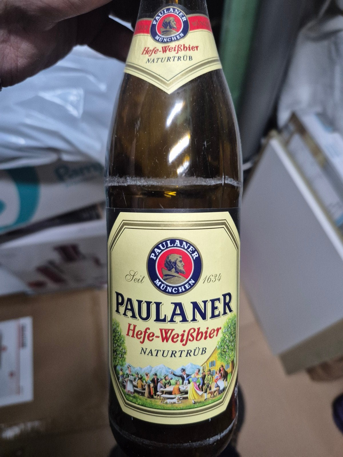 Oude originele Paulaner Hefe-Weißbier bierkrat met flessen, Verzamelen, Ophalen