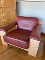 lederen salon (3-zit, 1-zit en voetbank), Huis en Inrichting, Zetels | Zetels, Ophalen, Vintage, Hout, Zo goed als nieuw