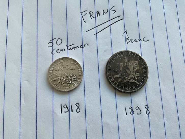2 Zilveren  Franse 50 Centimes 1918 en 1898, Postzegels en Munten, Munten | Europa | Niet-Euromunten, Frankrijk, Zilver, Ophalen of Verzenden