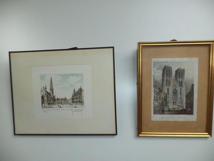 2x  gekleurde ets gravure Brussel Sint Goedele & Grote Markt, Antiek en Kunst, Kunst | Etsen en Gravures, Ophalen of Verzenden