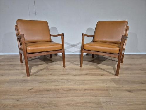 France en Son - Senator Chairs - Midcentury - Ole Wanscher, Huis en Inrichting, Stoelen, Zo goed als nieuw, Twee, Hout, Leer, Bruin